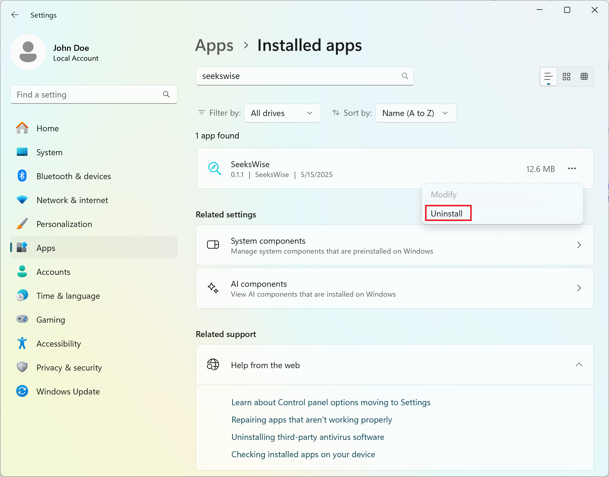 Step 3: Select Uninstall option